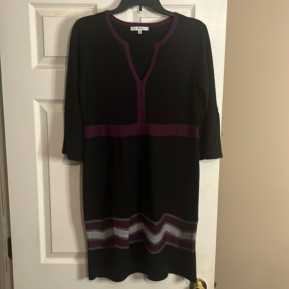 Sandra Darren Womens Black 3/4 Sleeves Striped Knit Fit & Flare Sweater Dress LP